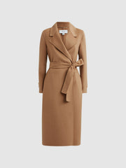 Wool Blend Belted Blindseam Coat in Camel | Reiss US
