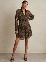 Botanical-Print Chiffon Mini Dress in Navy | Reiss US