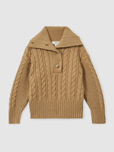 13-14 yrs Cotton-Blend Open-Collar Cable-Knit Jumper With Wool in Camel | Reiss US
