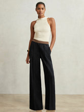 Elasticated-Waist Wide-Leg Twill Trousers in Navy | Reiss
