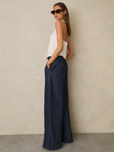 Petite Linen Wide Leg Trousers in Indigo | Reiss Sale