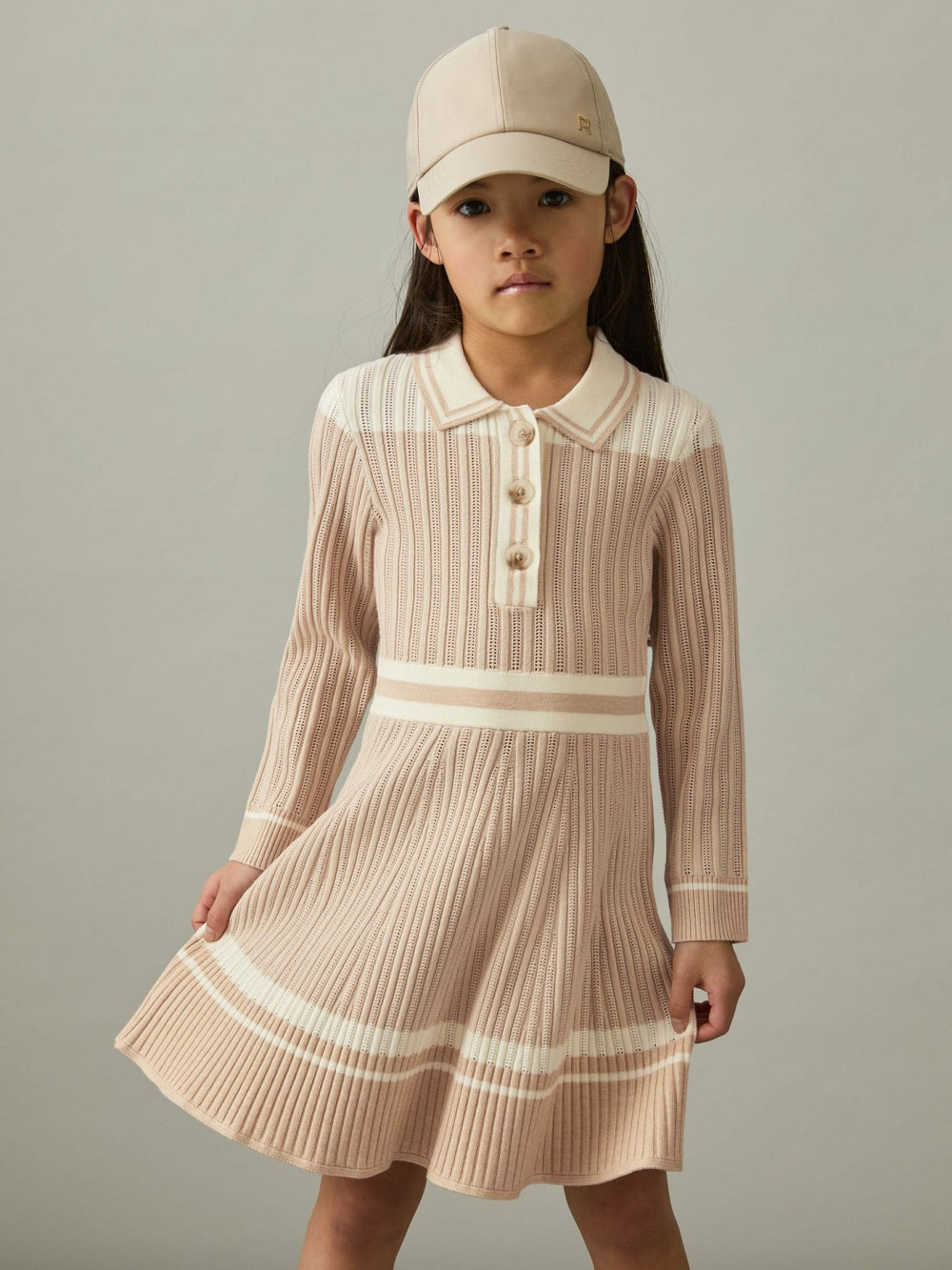 9-13 yrs Rib-Knit Pointelle Flared Dress in Pale Pink | Reiss Sale