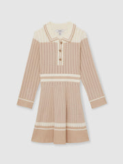 9-13 yrs Rib-Knit Pointelle Flared Dress in Pale Pink | Reiss Sale