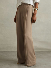 Petite Elasticated-Waist Wide-Leg Twill Trousers in Mink Neutral | Reiss Sale