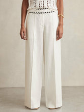 Petite Linen Wide-Leg Whipstitch Trousers in White | Reiss Sale