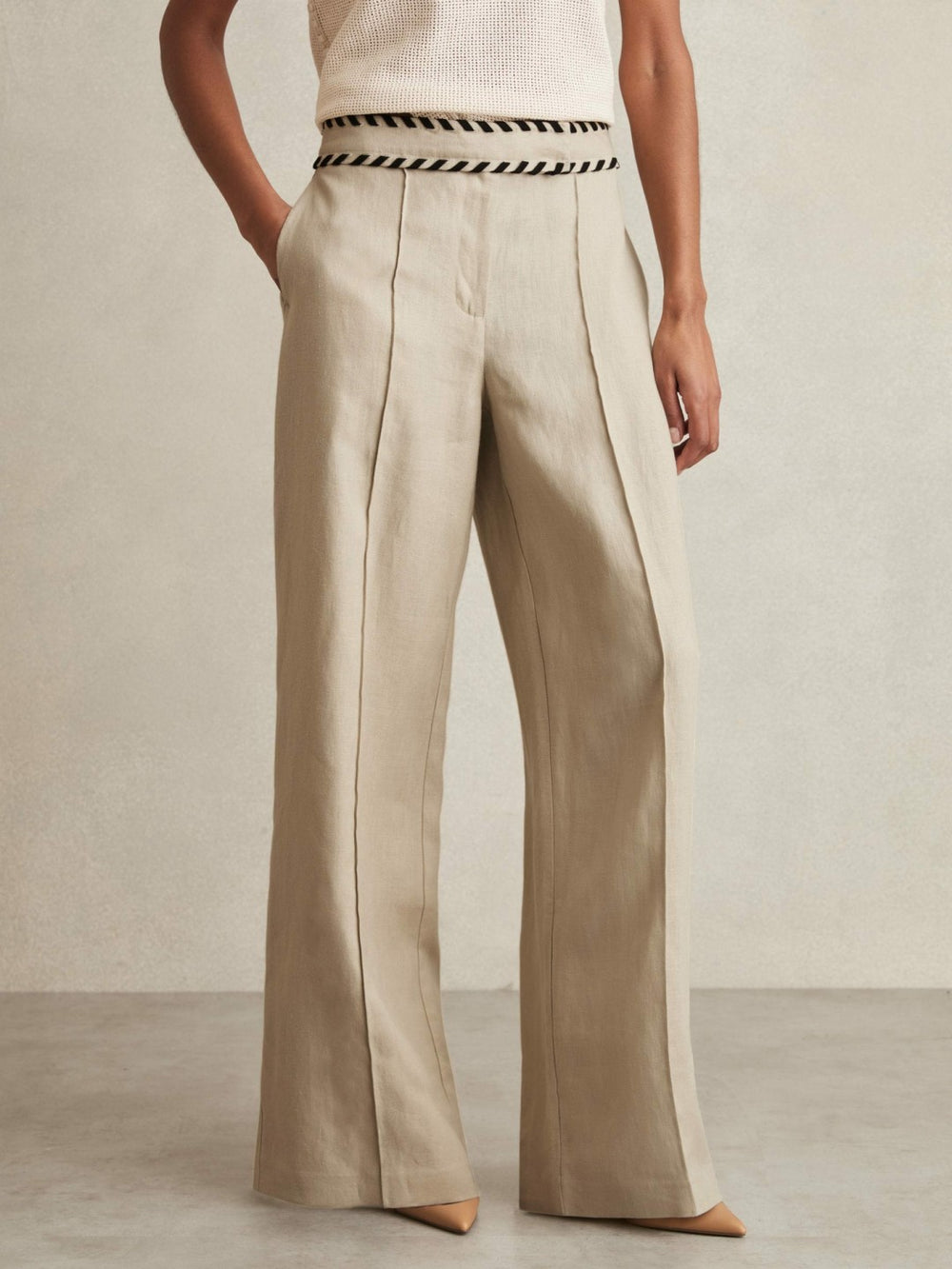Petite Linen Wide-Leg Whipstitch Trousers in Neutral | Reiss Near Me