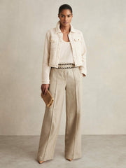 Petite Linen Wide-Leg Whipstitch Trousers in Neutral | Reiss Near Me