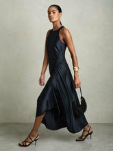 Satin Shirred Midi Dress in Navy | Reiss Sale