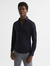 Cotton-Blend Jersey Cutaway-Collar Shirt in Navy | Reiss US