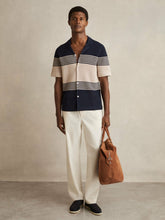 Stripe Textured-Knit Cuban-Collar Shirt in Navy/Stone | Reiss Onsale