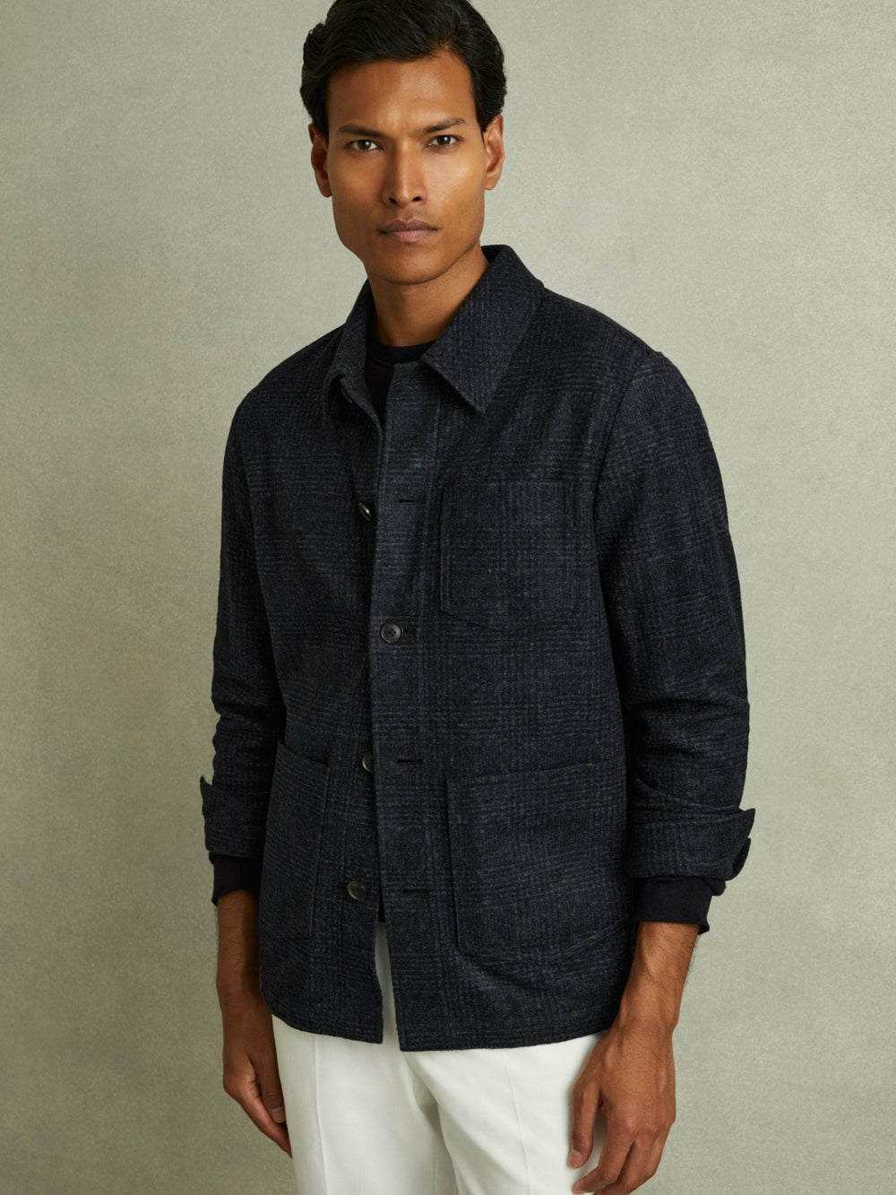 Checked Button Through Worker Jacket in Navy Melange | Reiss Discount
