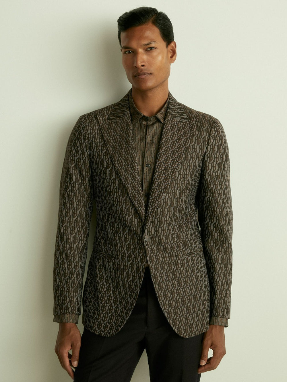 Monogram-Jacquard Twill Blazer in Chocolate Brown | Reiss Discount