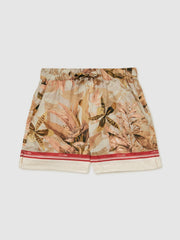 9-13 yrs | NYBG Satin Floral-Print Shorts in Khaki | Reiss Sale