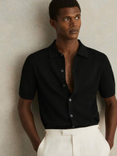 Textured Knit Button-Through Shirt in Black | Reiss Sale
