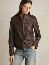 Leather Collarless Biker Jacket in Chocolate Brown | Reiss For Sale