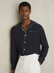 Cuban Collar Shirt with Piping Detail Shirt in Navy | Reiss Discount