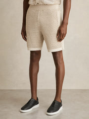 Cotton-Blend Crochet Shorts in Taupe/Off White | Reiss Near Me