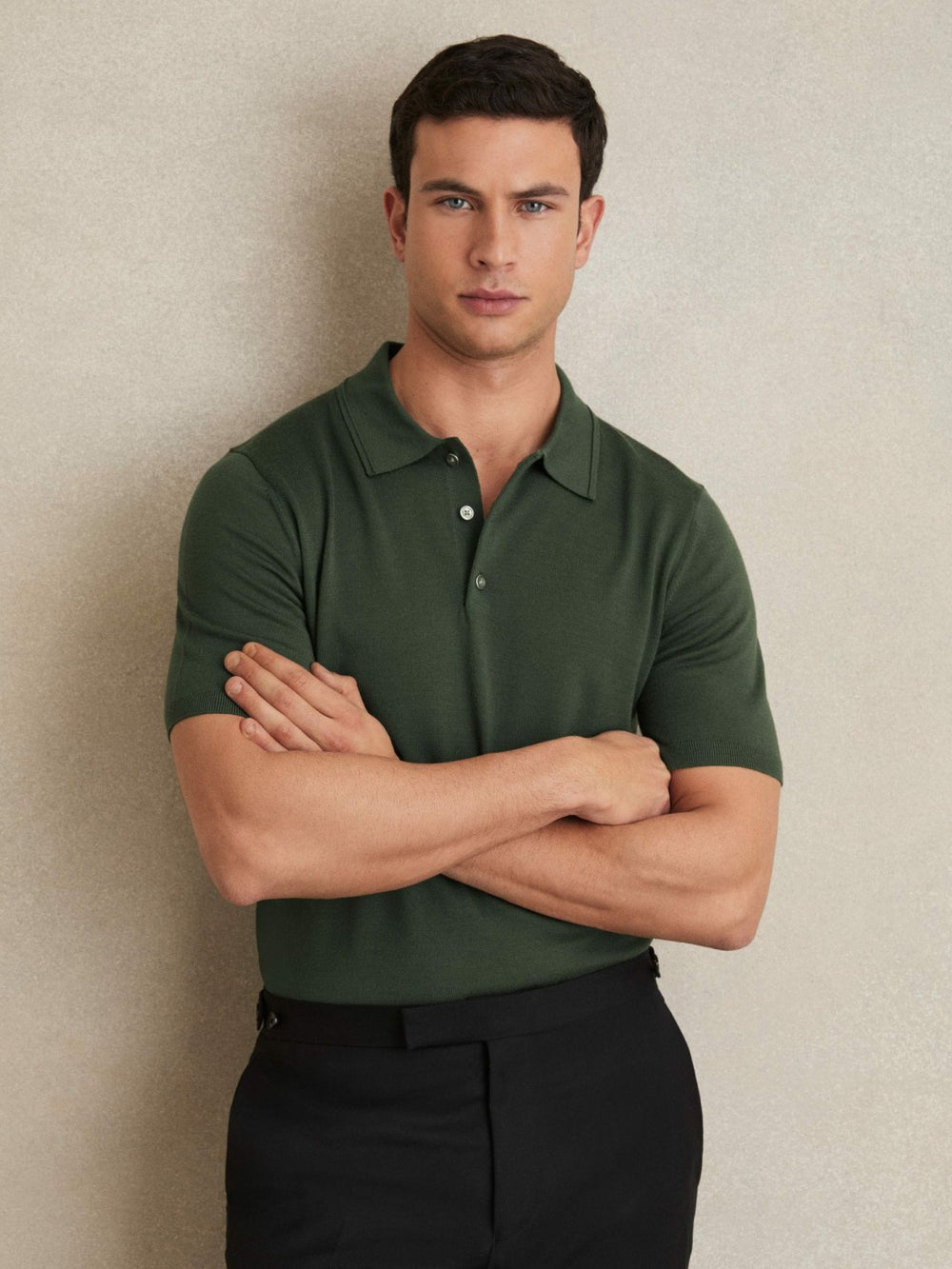 Merino Wool Short-Sleeve Polo Shirt in Kale Green | Reiss Sale