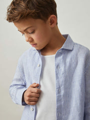 13-14 yrs Linen Cutaway Collar Shirt in Blue/White Stripe | Reiss Near Me