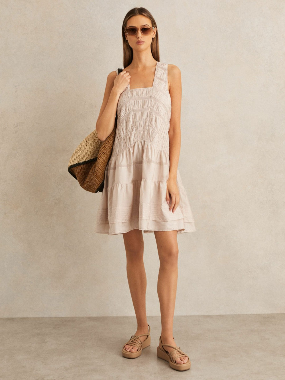 Shirred Ruffle Hem Mini Dress in Neutral | Reiss For Sale