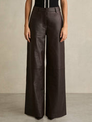 Leather Wide Leg Trousers in Chocolate | Reiss For Sale