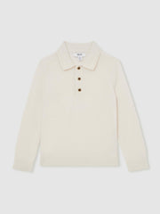 9-13 yrs Merino Wool Long-Sleeve Polo Shirt in Snow | Reiss Onsale