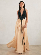 Halston Crepe and Chiffon Maxi Dress in Black/Ivory | Reiss