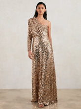 Halston Sequin One Shoulder Maxi Dress in Gold | Reiss US