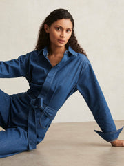Paige Maraya Blue Wide Leg Belted Denim Jumpsuit in Maraya Blue | Reiss USA