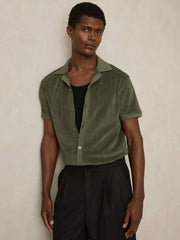 Cotton Blend Towelling Shirt in Green | Reiss Sale