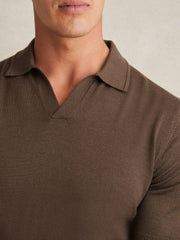Merino Wool Open Collar Polo Shirt in Chocolate Brown | Reiss USA