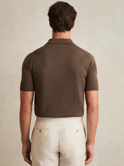 Merino Wool Open Collar Polo Shirt in Chocolate Brown | Reiss USA