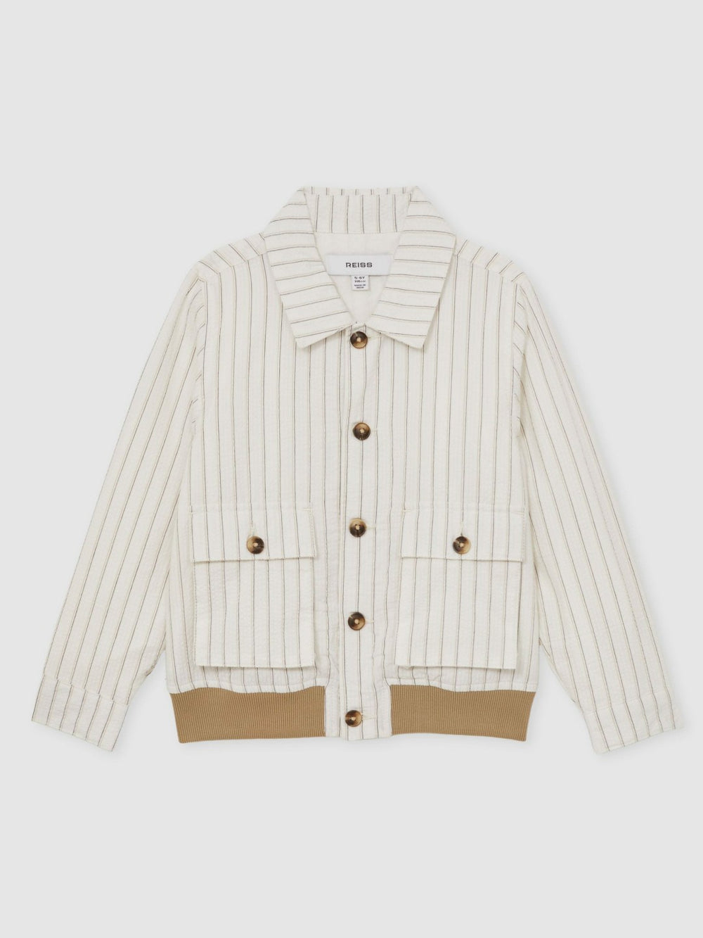 13-14 yrs Cotton Pinstripe Harrington Jacket in Off White/Taupe Brown | Reiss Sale