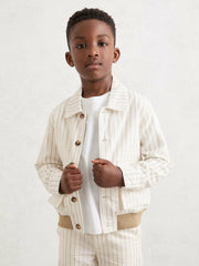 13-14 yrs Cotton Pinstripe Harrington Jacket in Off White/Taupe Brown | Reiss Sale