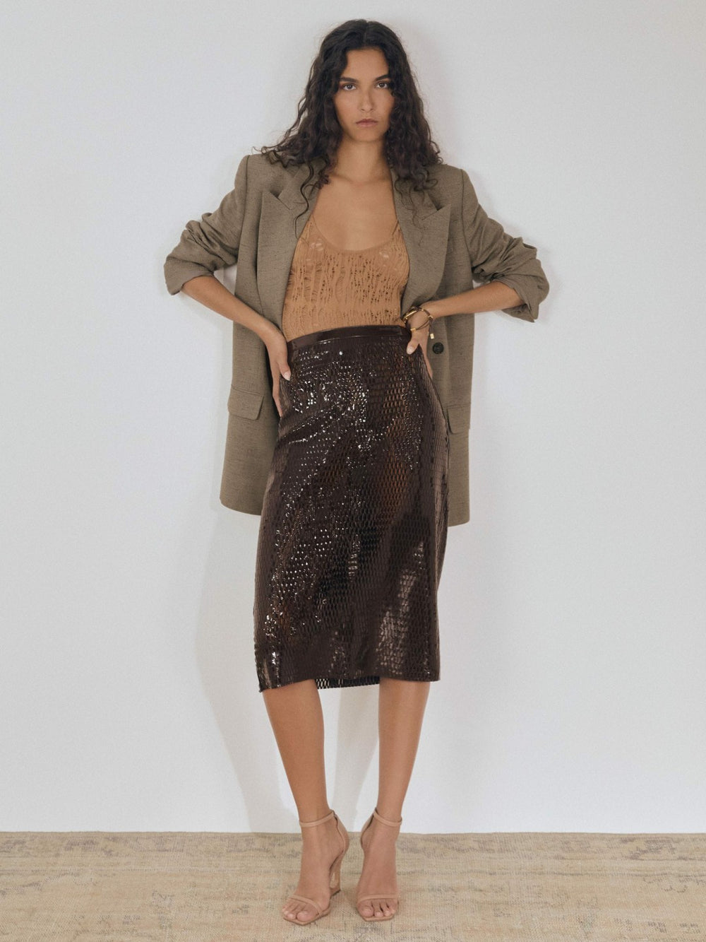 Atelier Laser-Cut Pencil Skirt in Chocolate | Reiss USA