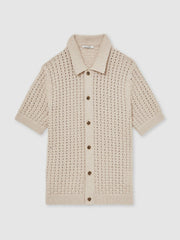 Basketweave Knit Button Through Cotton Blend Shirt in Stone | Reiss For Sale
