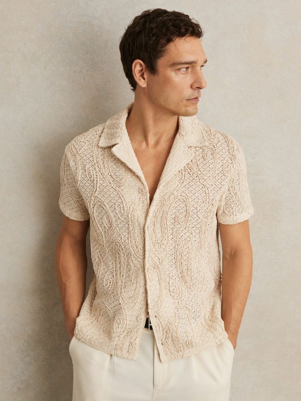 Cotton-Blend Embroidered Crochet Shirt in Oatmeal | Reiss Sale