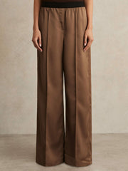 Petite Satin Wide Leg Elastic Waist Trousers in Taupe Neutral | Reiss Onsale