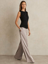 Petite Satin Wide Leg Elastic Waist Trousers in Grey | Reiss US