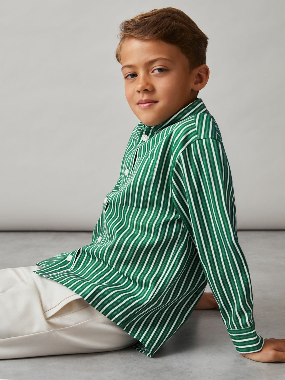 9-13 yrs Cotton-Poplin Striped Oversize Shirt in Green/White | Reiss Onsale