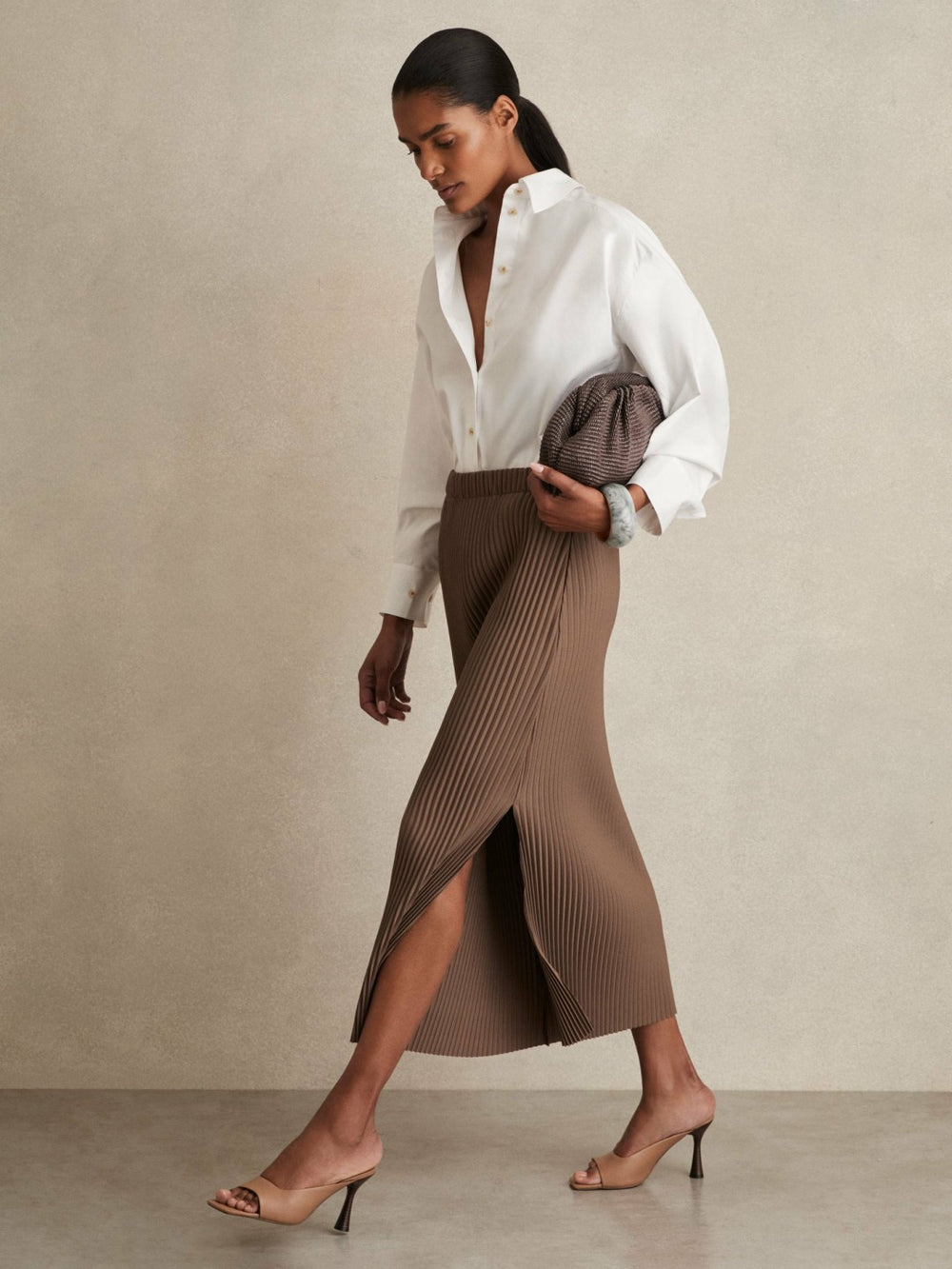Pleated Jersey Midi Skirt in Chocolate | Reiss Near Me