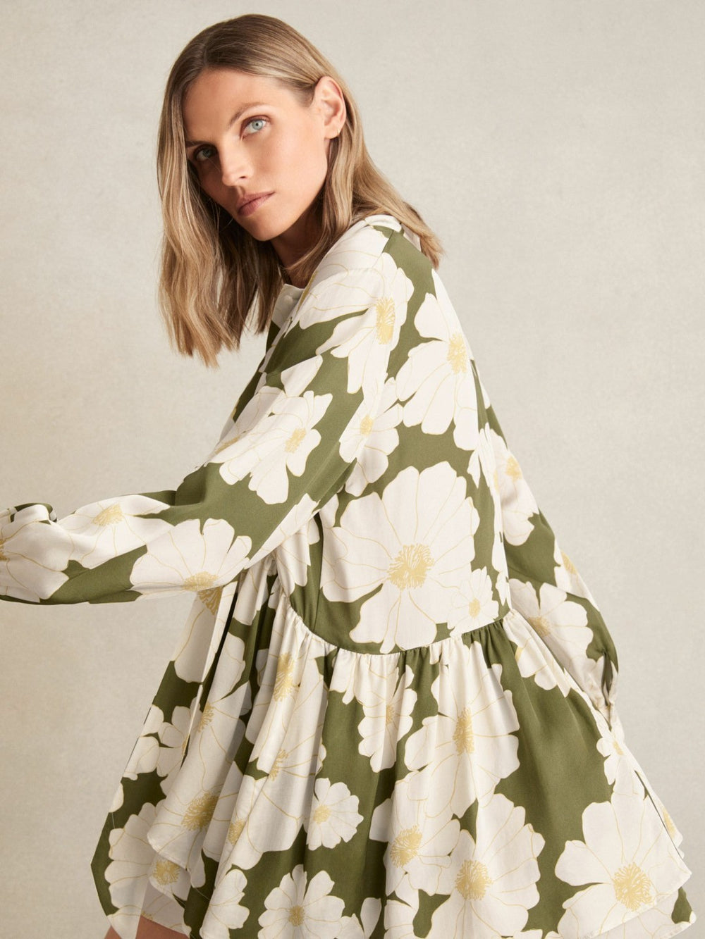 Floral Tie-Neck Swing Dress in Ivory/Green | Reiss