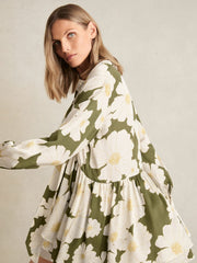 Floral Tie-Neck Swing Dress in Ivory/Green | Reiss