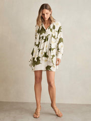 Floral Tie-Neck Swing Dress in Ivory/Green | Reiss