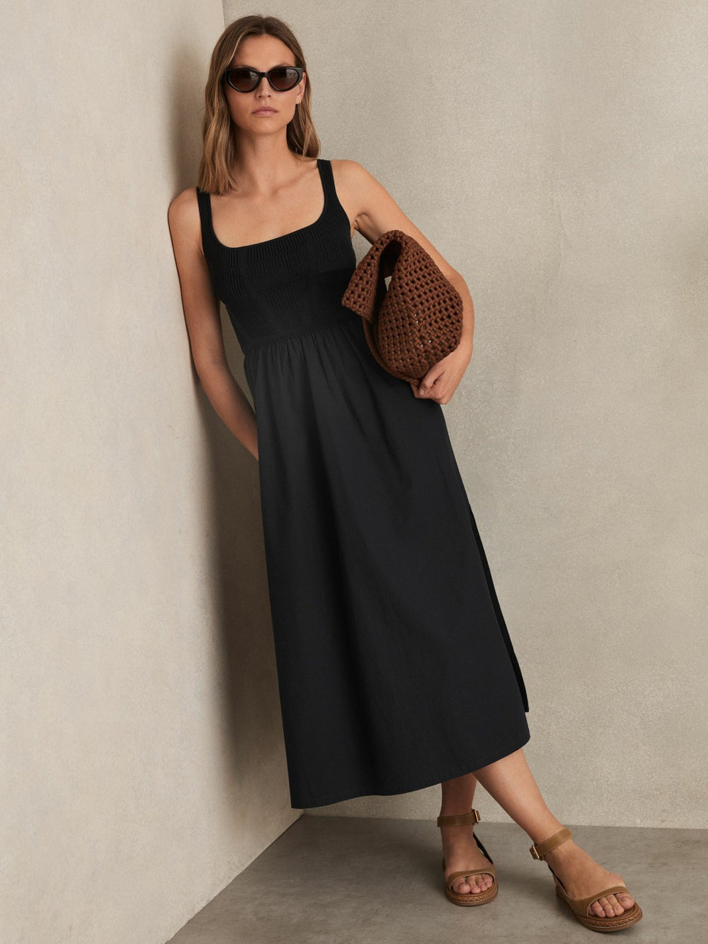 Perforated-Knit Cotton-Skirt Midi Dress in Navy | Reiss Onsale