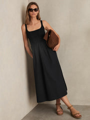 Perforated-Knit Cotton-Skirt Midi Dress in Navy | Reiss Onsale