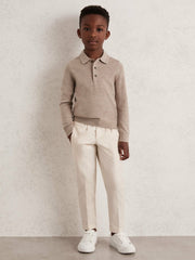 9-13 yrs Merino Wool Long-Sleeve Polo Shirt in Wheat Melange | Reiss For Sale