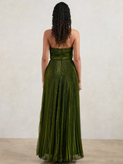 Halston Metallic Pleated Maxi Dress in Dark Olive Green | Reiss Sale