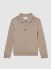 13-14 yrs Merino Wool Long-Sleeve Polo Shirt in Wheat Melange | Reiss Near Me
