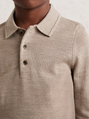 13-14 yrs Merino Wool Long-Sleeve Polo Shirt in Wheat Melange | Reiss Near Me